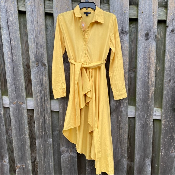 NWT 100% cotton Mustard yellow Belted Asymmetric Ruffle bottom Tunic button up … - Picture 3 of 9